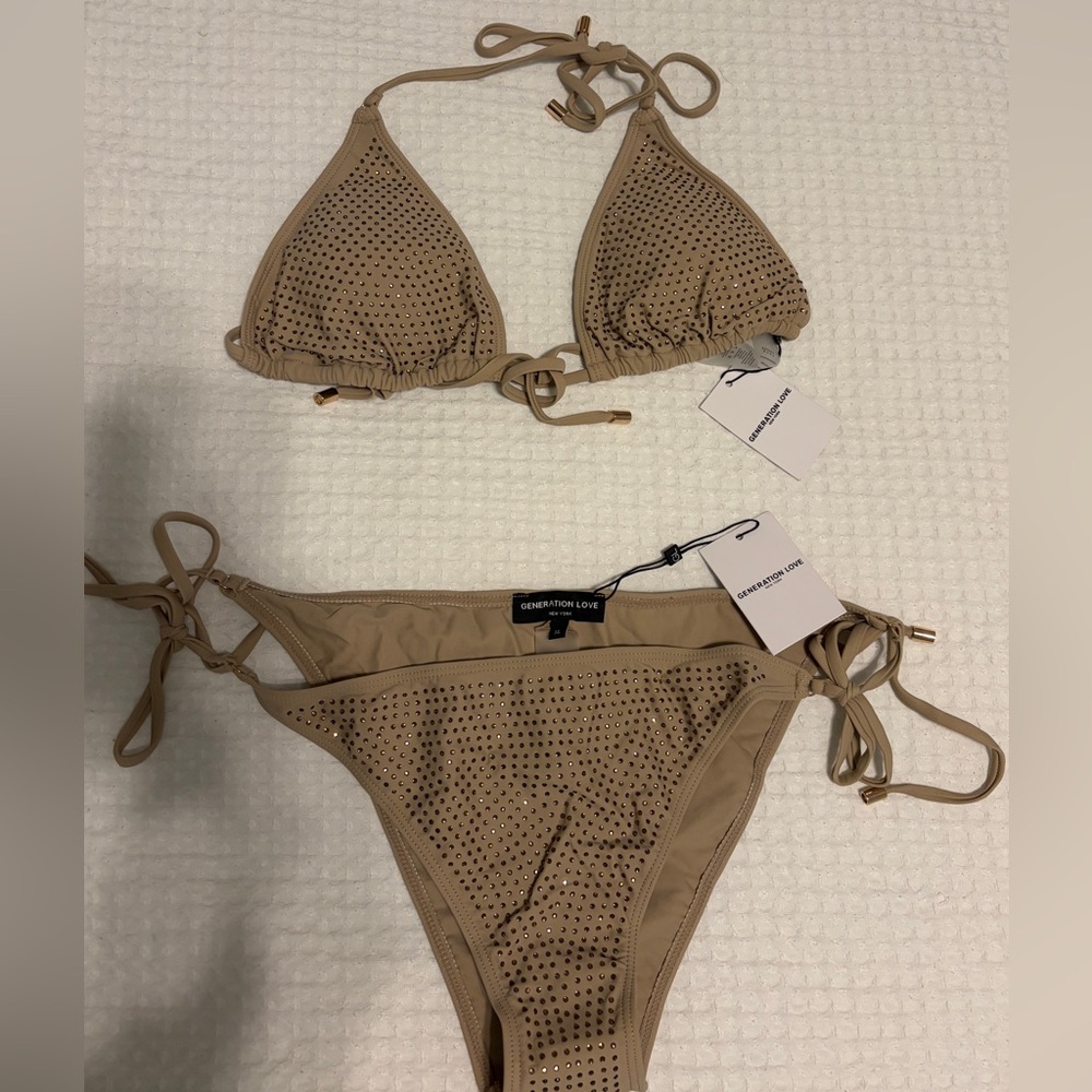 Generation Love Kimi Crystal Bikini Top & Gianna Crystal Bottoms in Tan Size XL